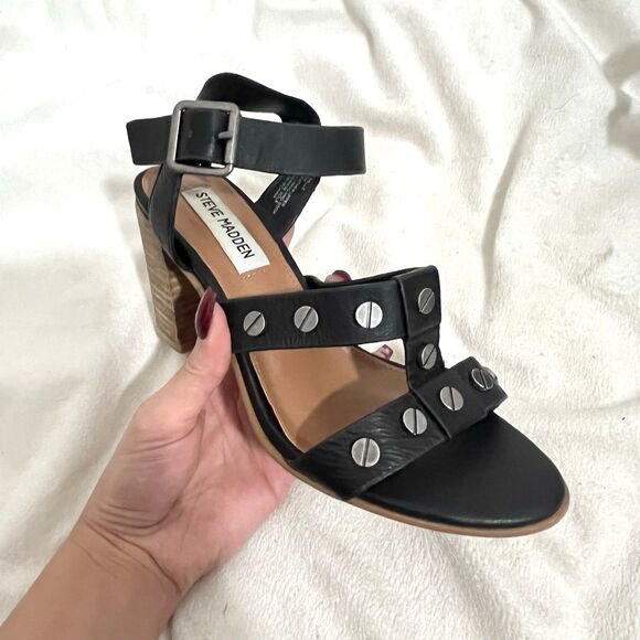 Steve Madden Melle Studded Sandals Size 6 Black Block Heel Leather Strappy Party - Picture 1 of 7